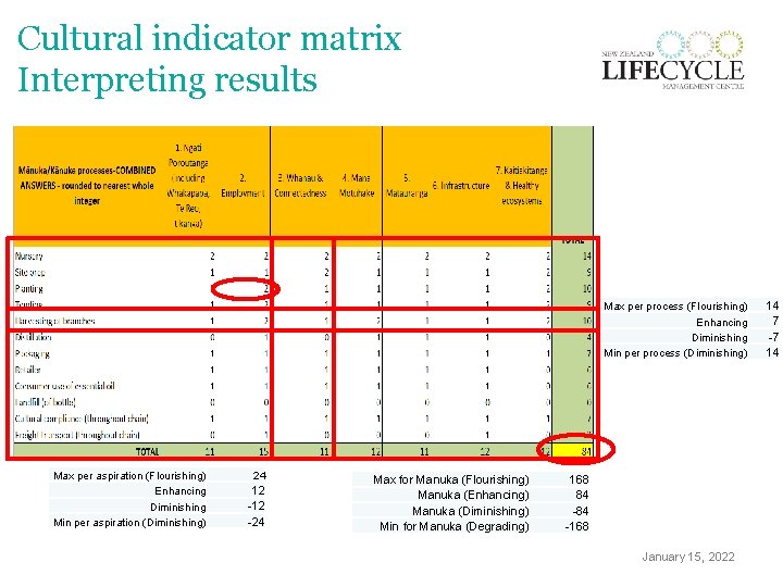 Cultural indicator matrix Interpreting results Max per process (Flourishing) Enhancing Diminishing Min per process