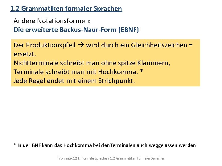 1. 2 Grammatiken formaler Sprachen Andere Notationsformen: Die erweiterte Backus-Naur-Form (EBNF) Der Produktionspfeil wird