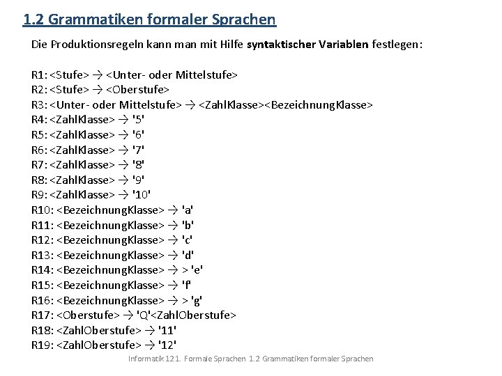 1. 2 Grammatiken formaler Sprachen Die Produktionsregeln kann man mit Hilfe syntaktischer Variablen festlegen: