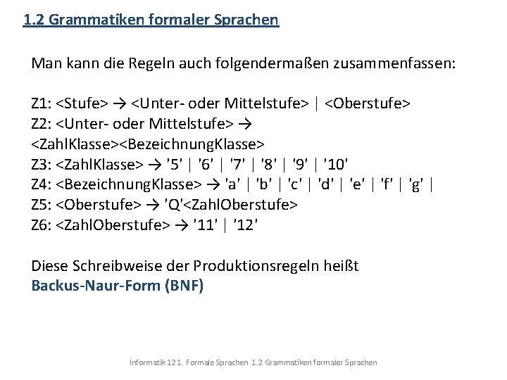 1. 2 Grammatiken formaler Sprachen Man kann die Regeln auch folgendermaßen zusammenfassen: Z 1: