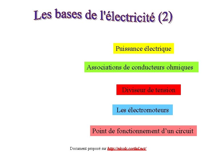 Puissance électrique Associations de conducteurs ohmiques Diviseur de tension Les électromoteurs Point de fonctionnement