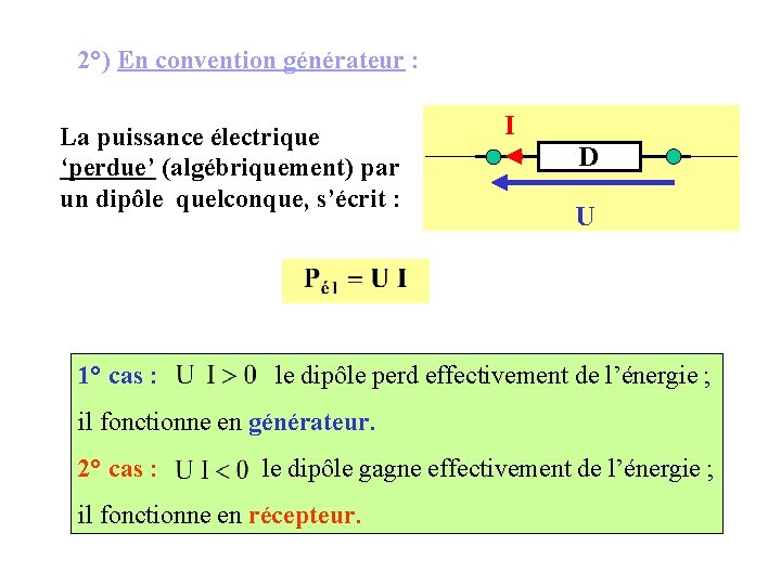 2°) En convention générateur : La puissance électrique ‘perdue’ (algébriquement) par un dipôle quelconque,