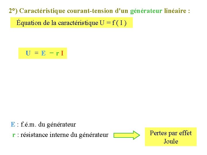 2°) Caractéristique courant-tension d'un générateur linéaire : Équation de la caractéristique U = f