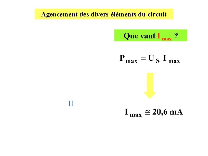 Agencement des divers éléments du circuit Que vaut I max ? U 