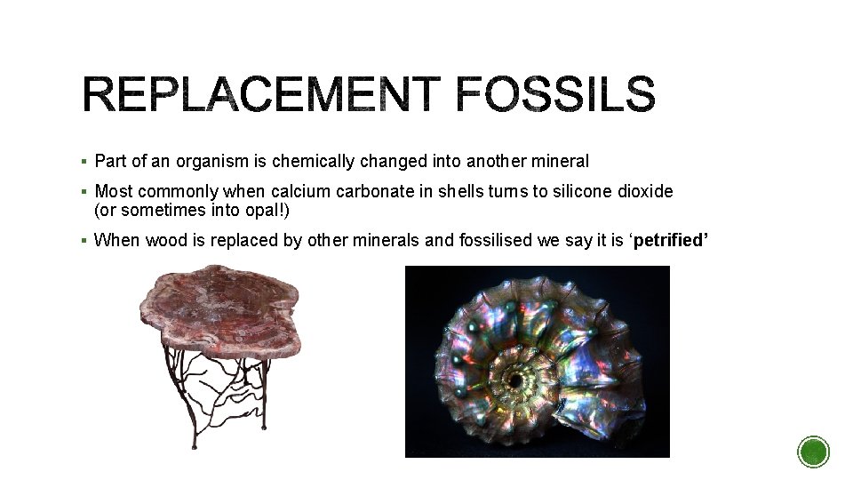 § Part of an organism is chemically changed into another mineral § Most commonly § Part of an organism is chemically changed into another mineral § Most commonly