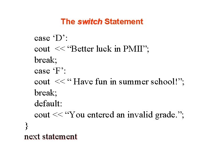 The switch Statement case ‘D’: cout << “Better luck in PMII”; break; case ‘F’: The switch Statement case ‘D’: cout << “Better luck in PMII”; break; case ‘F’: