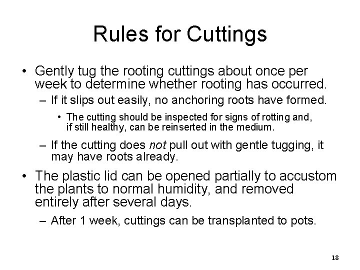 Rules for Cuttings • Gently tug the rooting cuttings about once per week to