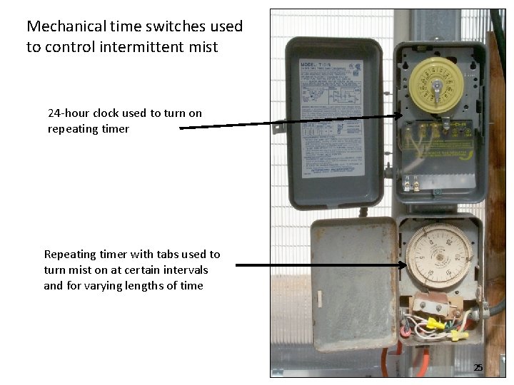 Mechanical time switches used to control intermittent mist 24 -hour clock used to turn