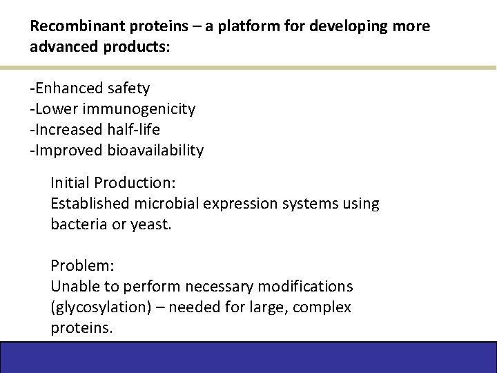 Recombinant proteins – a platform for developing more advanced products: -Enhanced safety -Lower immunogenicity