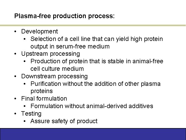 Plasma-free production process: • Development • Selection of a cell line that can yield