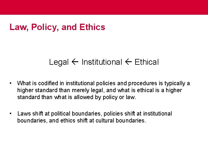 Law, Policy, and Ethics Legal Institutional Ethical • What is codified in institutional policies