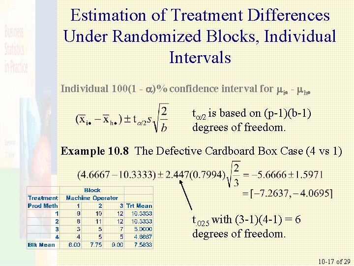 Estimation of Treatment Differences Under Randomized Blocks, Individual Intervals Individual 100(1 - a)% confidence