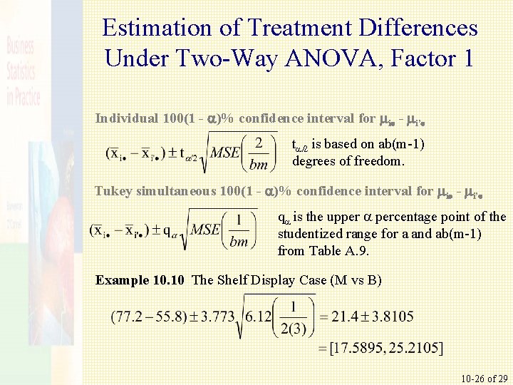 Estimation of Treatment Differences Under Two-Way ANOVA, Factor 1 Individual 100(1 - a)% confidence