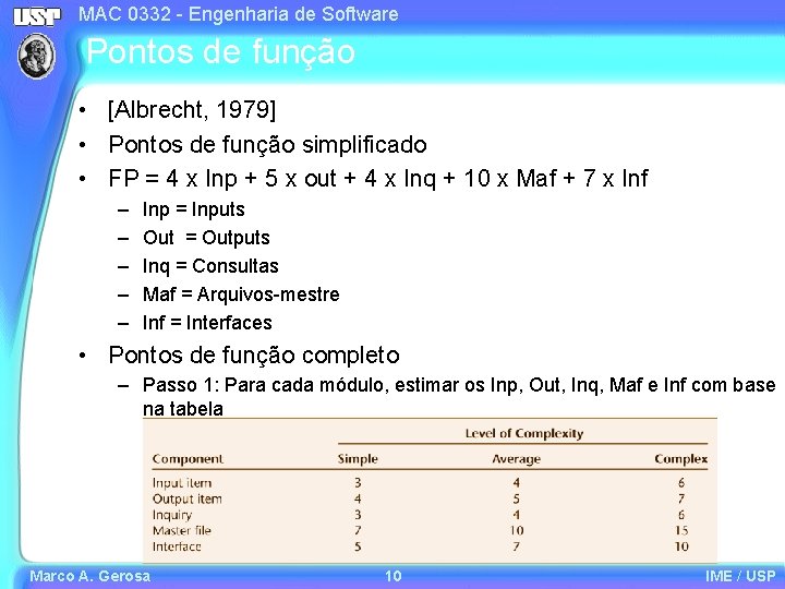 MAC 0332 - Engenharia de Software Pontos de função • [Albrecht, 1979] • Pontos