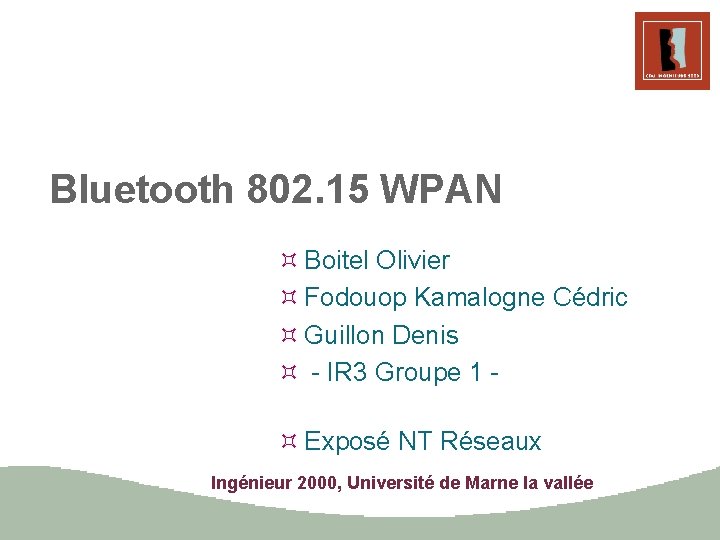 Bluetooth 802. 15 WPAN ³ Boitel Olivier ³ Fodouop Kamalogne Cédric ³ Guillon Denis