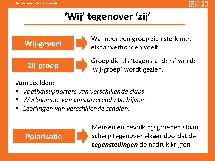 Nederland en de wereld ‘Wij’ tegenover ‘zij’ Wij-gevoel Zij-groep Wanneer een groep zich sterk