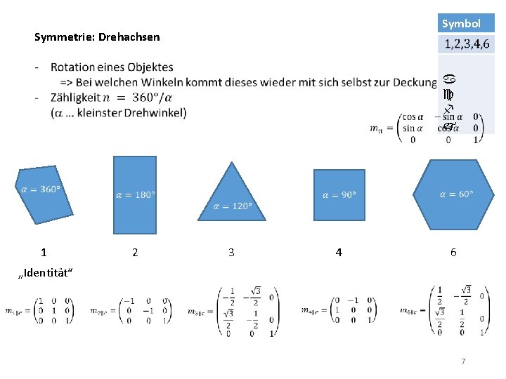 Symbol Symmetrie: Drehachsen a c f j 1 2 3 4 6 „Identität“ 7