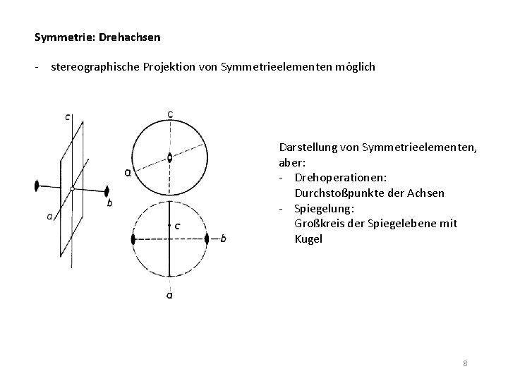 Symmetrie: Drehachsen - stereographische Projektion von Symmetrieelementen möglich Darstellung von Symmetrieelementen, aber: - Drehoperationen: