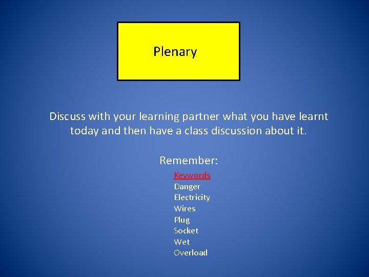 Plenary Discuss with your learning partner what you have learnt today and then have