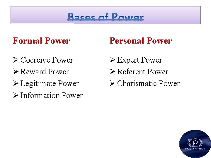 Formal Power Personal Power Ø Coercive Power Ø Reward Power Ø Legitimate Power Ø