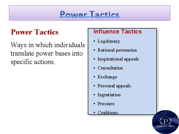 Power Tactics Ways in which individuals translate power bases into specific actions. Influence Tactics