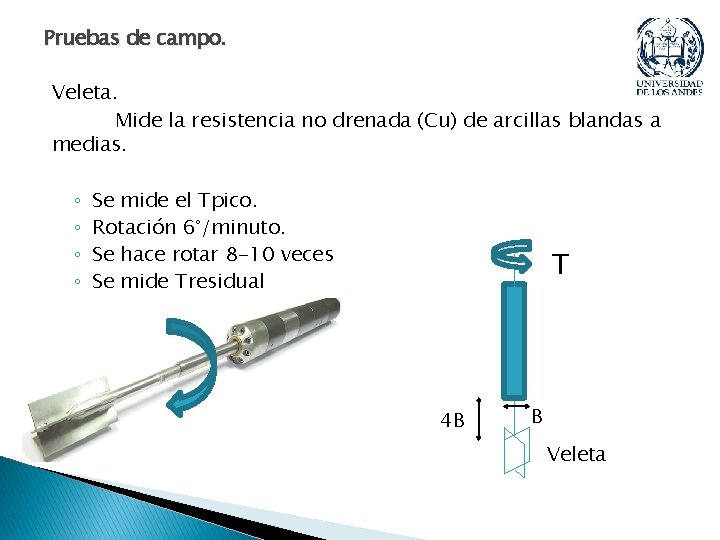 Pruebas de campo. Veleta. Mide la resistencia no drenada (Cu) de arcillas blandas a Pruebas de campo. Veleta. Mide la resistencia no drenada (Cu) de arcillas blandas a