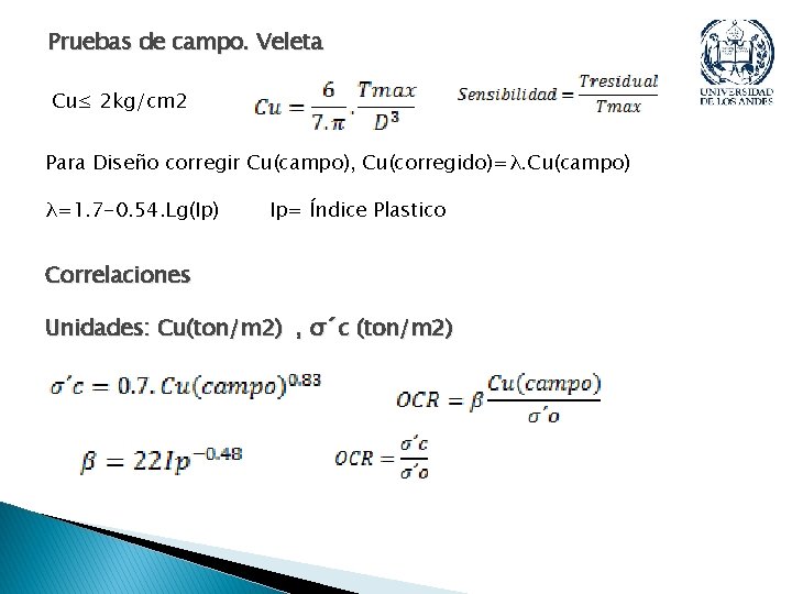 Pruebas de campo. Veleta Cu≤ 2 kg/cm 2 Para Diseño corregir Cu(campo), Cu(corregido)=λ. Cu(campo) Pruebas de campo. Veleta Cu≤ 2 kg/cm 2 Para Diseño corregir Cu(campo), Cu(corregido)=λ. Cu(campo)