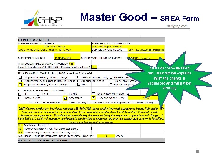 Master Good – SREA Form All fields correctly filled out. Description explains WHY the