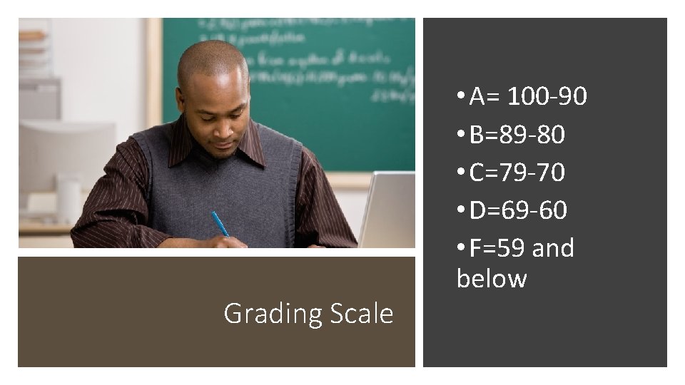 Grading Scale • A= 100 -90 • B=89 -80 • C=79 -70 • D=69