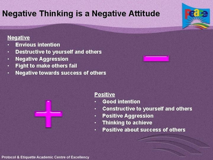 Negative Thinking is a Negative Attitude Negative • Envious intention • Destructive to yourself
