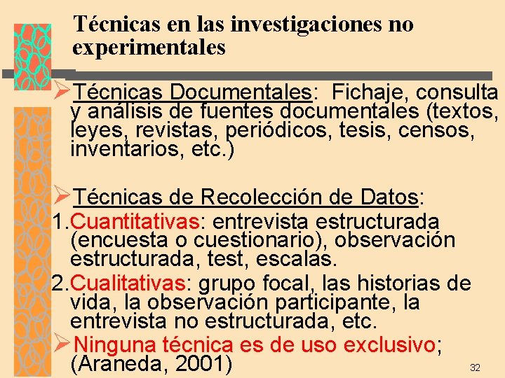 Técnicas en las investigaciones no experimentales ØTécnicas Documentales: Fichaje, consulta y análisis de fuentes