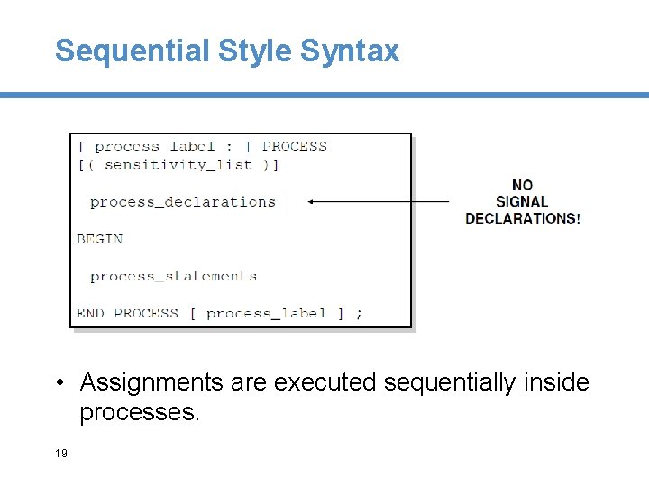 Sequential Style Syntax • Assignments are executed sequentially inside processes. 19 