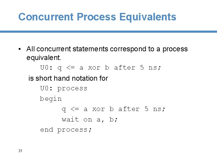 Concurrent Process Equivalents • All concurrent statements correspond to a process equivalent. U 0: