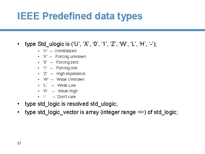 IEEE Predefined data types • type Std_ulogic is (‘U’, ‘X’, ‘ 0’, ‘ 1’,