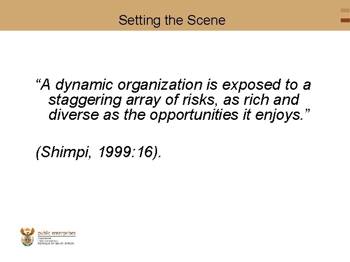 Setting the Scene “A dynamic organization is exposed to a staggering array of risks,
