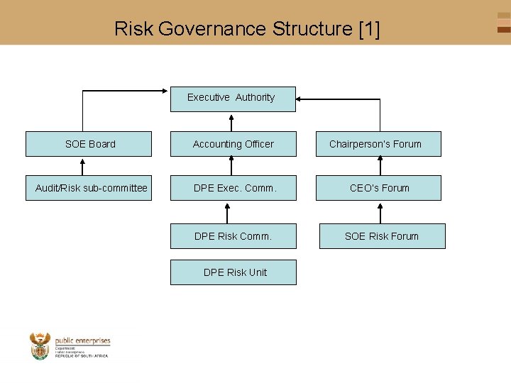 Risk Governance Structure [1] Executive Authority SOE Board Accounting Officer Audit/Risk sub-committee DPE Exec.