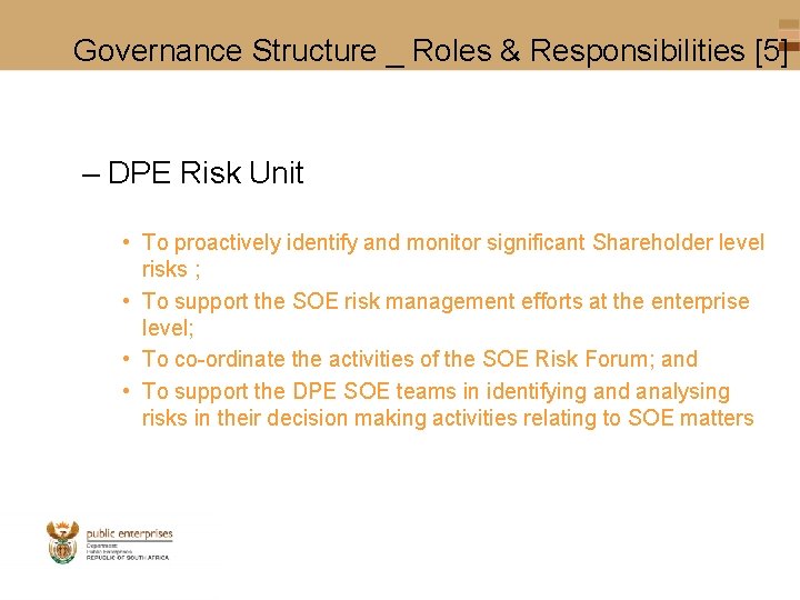 Governance Structure _ Roles & Responsibilities [5] – DPE Risk Unit • To proactively