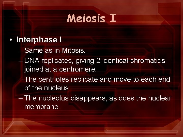 Meiosis I • Interphase I – Same as in Mitosis. – DNA replicates, giving