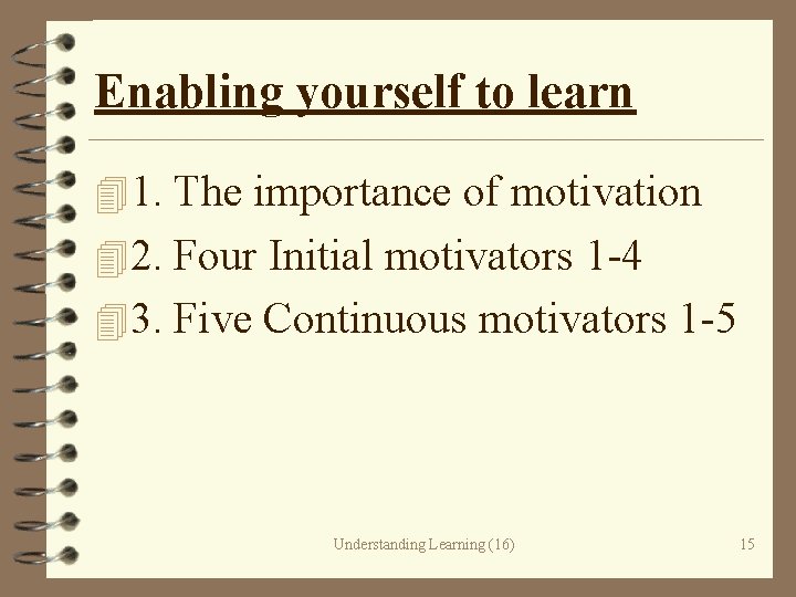 Enabling yourself to learn 41. The importance of motivation 42. Four Initial motivators 1