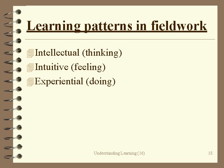 Learning patterns in fieldwork 4 Intellectual (thinking) 4 Intuitive (feeling) 4 Experiential (doing) Understanding