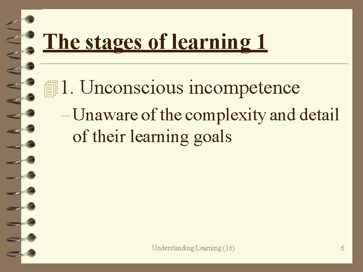 The stages of learning 1 41. Unconscious incompetence – Unaware of the complexity and