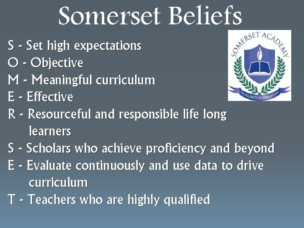 Somerset Beliefs S - Set high expectations O - Objective M - Meaningful curriculum