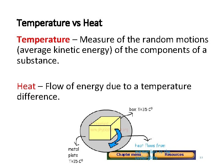 Temperature vs Heat Temperature – Measure of the random motions (average kinetic energy) of