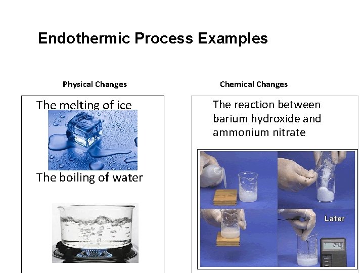 Endothermic Process Examples Physical Changes The melting of ice Chemical Changes The reaction between