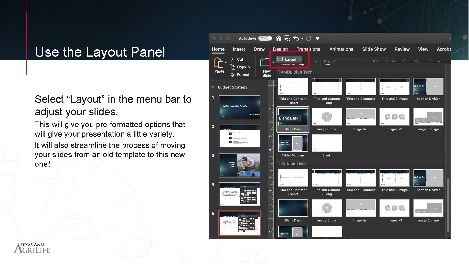Use the Layout Panel Select “Layout” in the menu bar to adjust your slides.