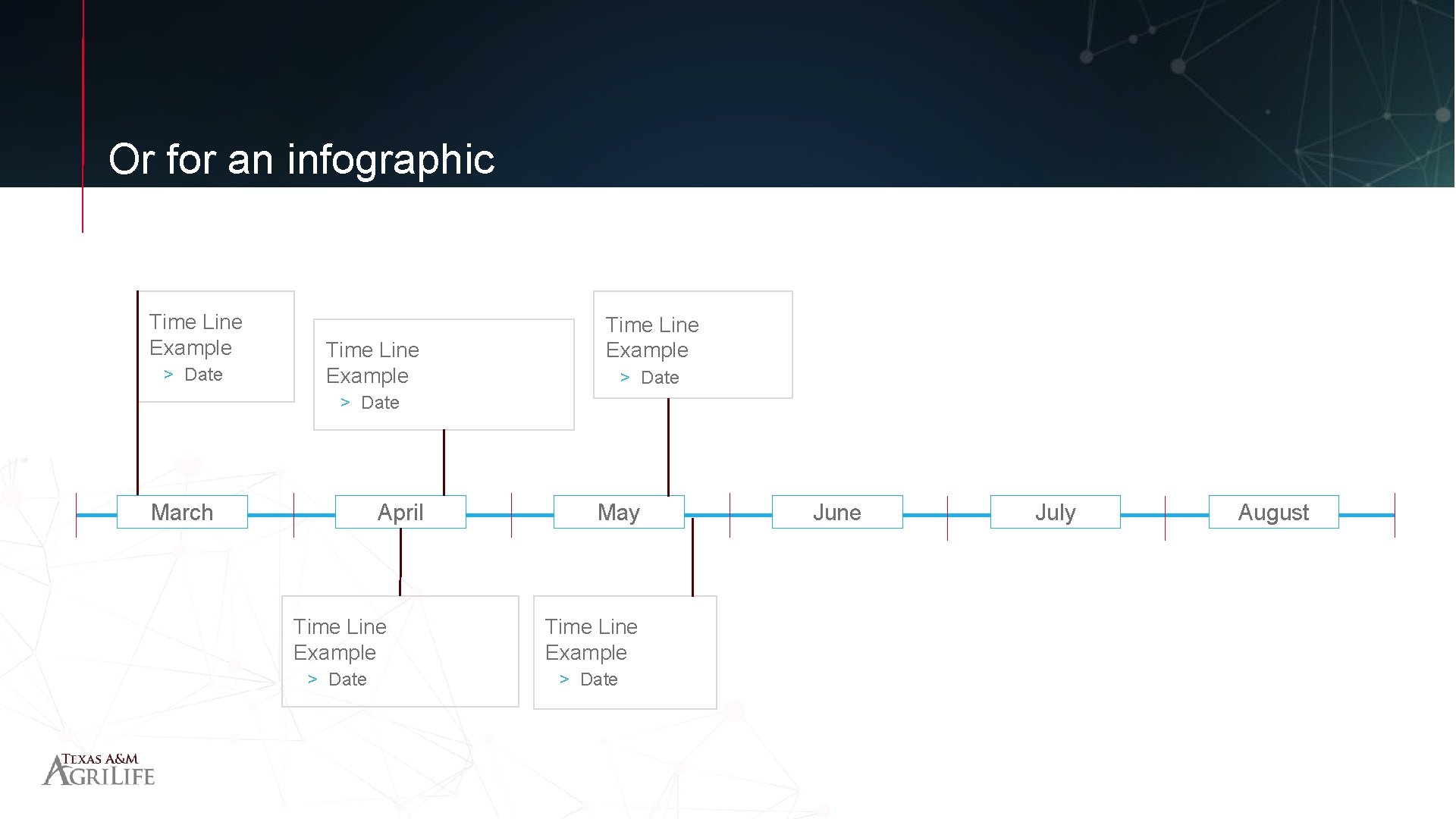 Or for an infographic Time Line Example > Date March April May Time Line