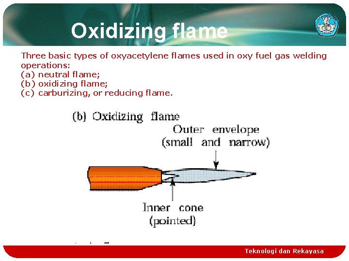 Oxidizing flame Three basic types of oxyacetylene flames used in oxy fuel gas welding