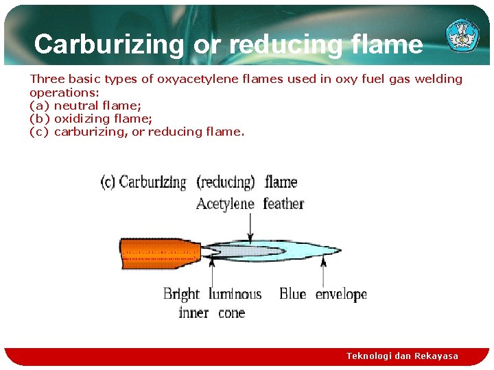 Carburizing or reducing flame Three basic types of oxyacetylene flames used in oxy fuel