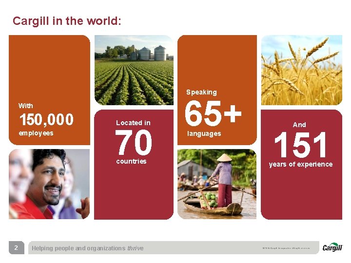 Cargill in the world: Speaking With 150, 000 employees Located in 70 countries 2 Cargill in the world: Speaking With 150, 000 employees Located in 70 countries 2