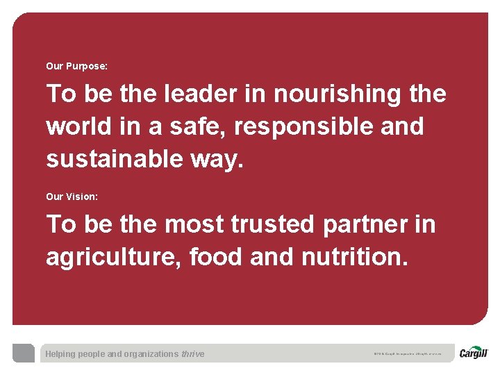 Our Purpose: To be the leader in nourishing the world in a safe, responsible Our Purpose: To be the leader in nourishing the world in a safe, responsible